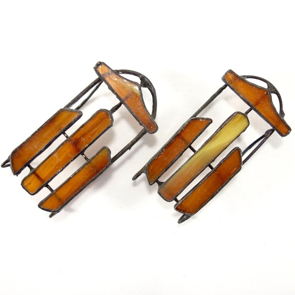 Stained Glass Sled Christmas Ornaments or Decor w/Metal Frame Set Of 2